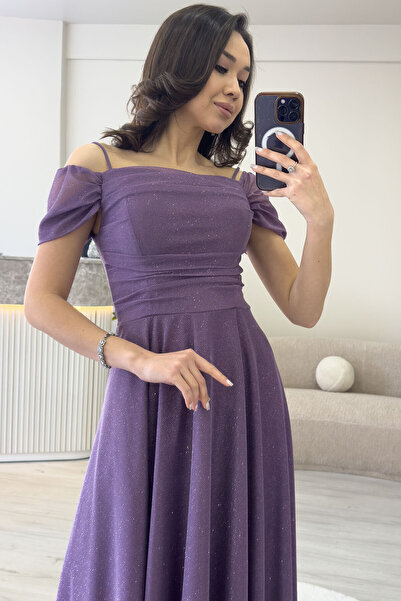 the ZKS Kadın Midi Boy Kloş Askılı Düşük Omuz Abiye Elbise Beyaz, Lacivert, Lila