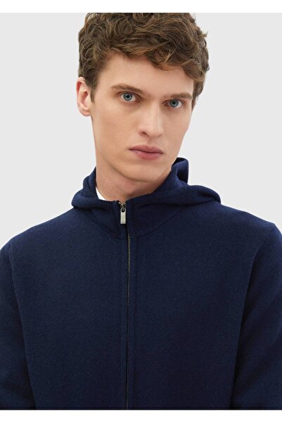 Ramsey Lacivert Kapüşonlu Düz Örgü %100 Yün Hırka