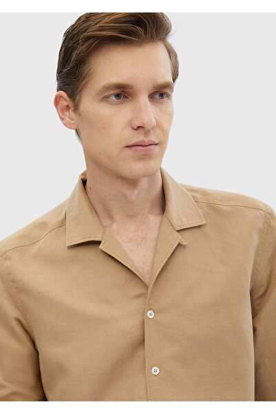 Ramsey Deve Tüyü Düz Regular Fit Dokuma Casual Keten Karışımlı Gömlek