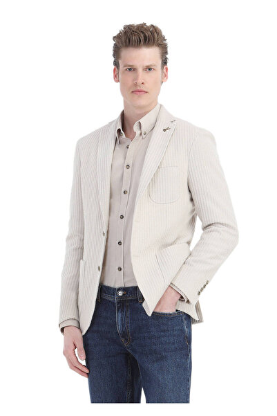 Ramsey Ekru Çizgili Shirt Shoulder Slim Fit Yün Karışımlı Ceket