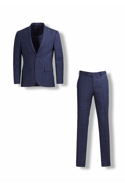 Ramsey Navy Blue Wool Blended Checkered Suit