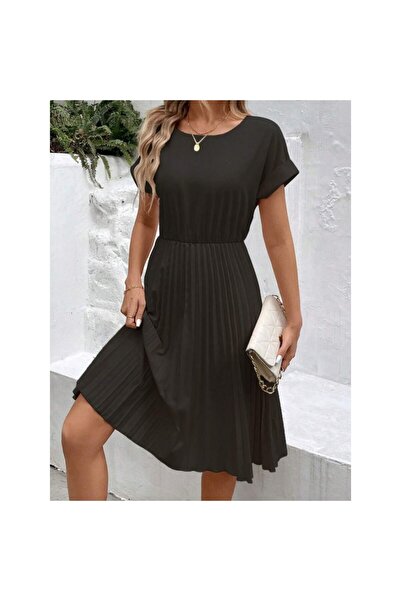 JANES Γυναικείο κοντομάνικο ανοιχτό γιακά ελαστική μέση πλισέ κοντό εισαγόμενο κρεπ φόρεμα