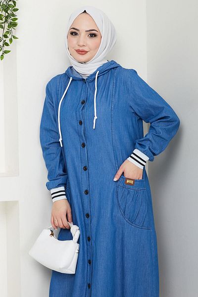 hafsamina Hooded Ribbed Denim Cap Light Blue Hm2691