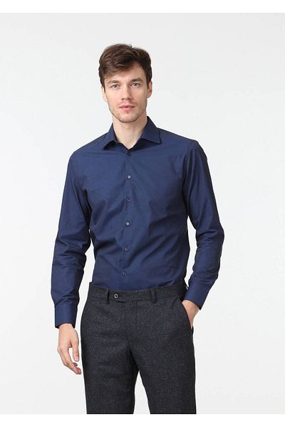 Ramsey Μπλε Navy Classic υφαντό βαμβακερό πουκάμισο - Απλό εφαρμογή
