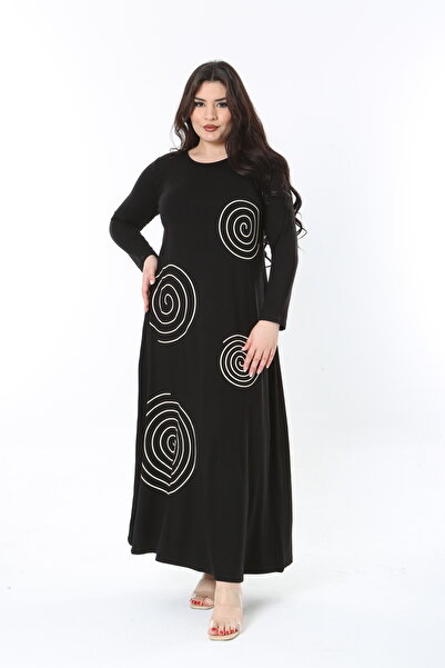 Şans Women's Plus Size Black Crew Neck Lycra Long Sleeve Dress 65N38858