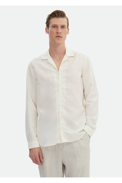 Ramsey Beyaz Düz Regular Fit Dokuma Casual Keten Karışımlı Gömlek