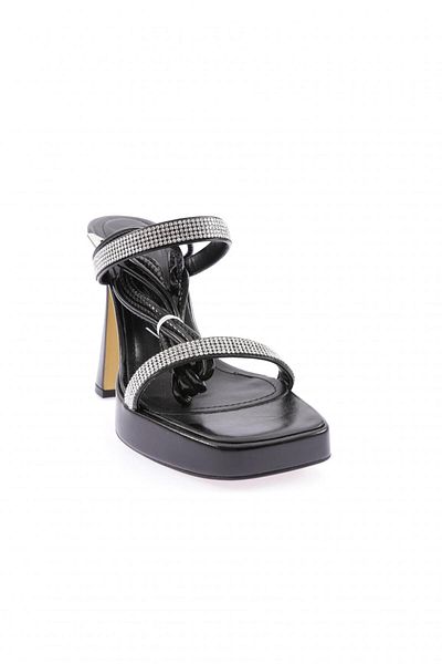 DGN 3582-23y Sandale cu toc gros pentru femei, cu bandă de cristal, cu curele la gleznă, satin negru