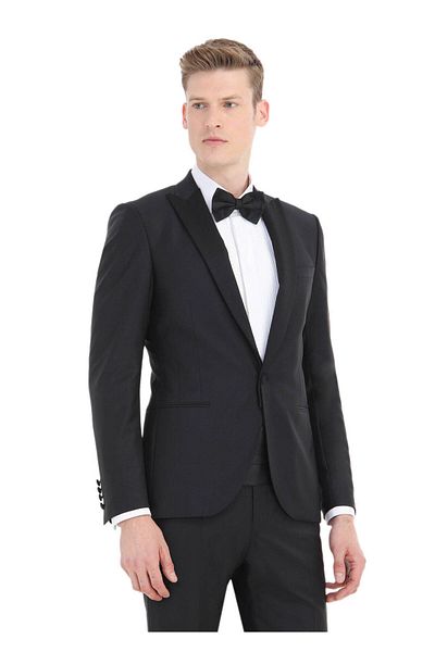 Ramsey Black Plain Fashion Slim Fit Double Breasted Lapel Woven Tuxedo Suit