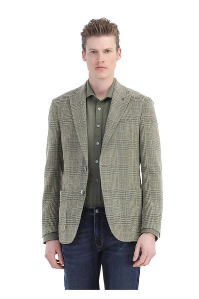 Ramsey Ανοιχτό πράσινο Slim Fit Μάλλινο Μικτό Καρό Μπουφάν