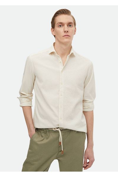 Ramsey Πουκάμισο σε μπεζ Casual Fit υφαντό βαμβακερό μείγμα