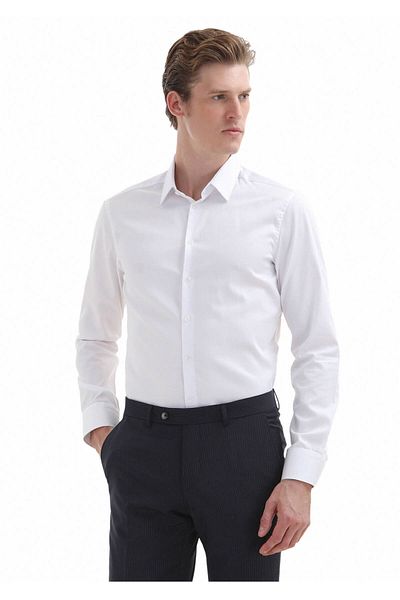 Ramsey Super Slm Fit Λευκό Υφαντό Κλασικό Βαμβακερό πουκάμισο