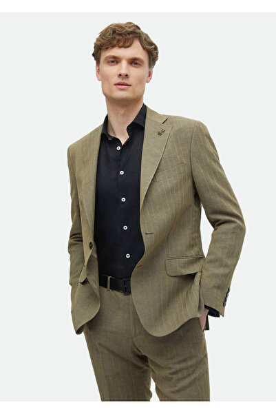 Ramsey Vizon Çizgili Zeroweight Slim Fit Keten Karışımlı Takım Elbise