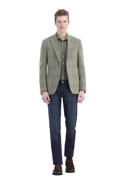 Ramsey Ανοιχτό πράσινο Slim Fit Μάλλινο Μικτό Καρό Μπουφάν