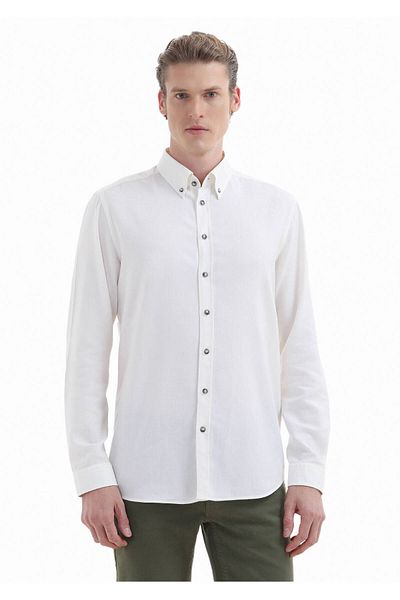 Ramsey Ecru Casual Wool Blended Plain Regular Fit Shirt