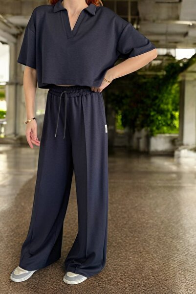 QUB CLUB New Season Γυναικείο Modal Υφασμάτινο Σετ Φούτερ με ψηλόμεσο φαρδύ φαρδύ πόδι