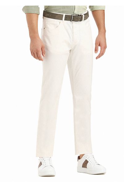 Ramsey Ecru Slim Fit Casual Βαμβακερό υφαντό παντελόνι