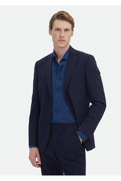 Ramsey Navy Blue Striped Modern Fit Wool Blend Suit