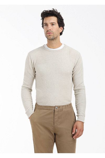 Ramsey Crew Neck Beige Jacquard Wool Blended Knitwear