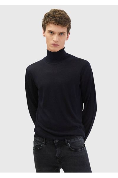 Ramsey Navy Blue Full Turtleneck Plain Knitted Wool Blended Knitwear