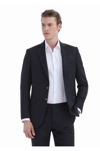 Ramsey Anthracite Patterned Slim Fit Wool Suit - Thin&Taller