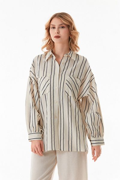 Fulla Moda Ριγέ λινό πουκάμισο με διπλή τσέπη