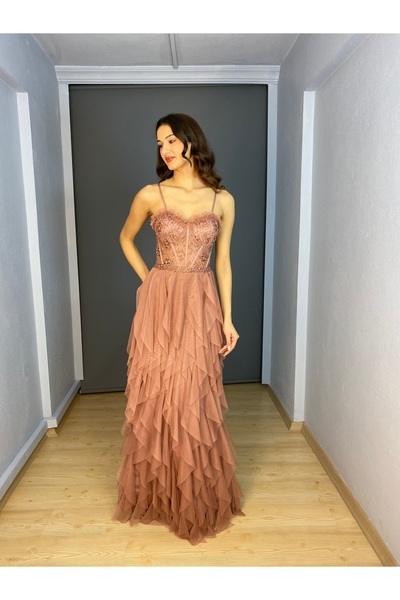 gökkuşagı moda Tarçın Bel Güpür Transparan Detaylı  Etek Kat Kat Uzun Abiye