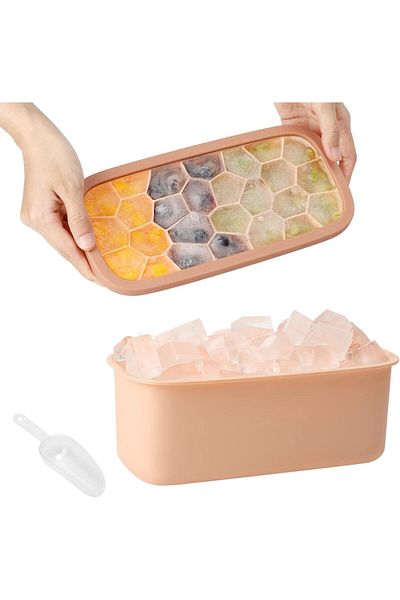 COOYA BPA-Free Easy Release 26 Irregular Flexible Silicone Ice Cube Molds Tray with Lid and Bin (Orange)