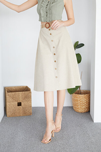 Fulla Moda Λινή φούστα με κουμπιά με ζώνη