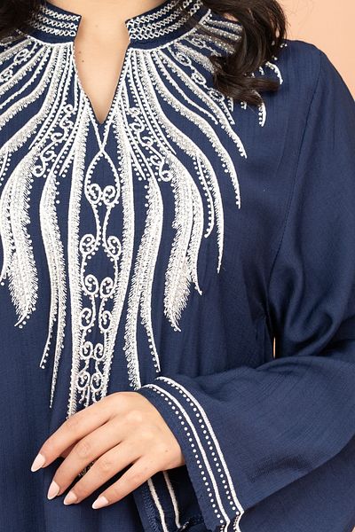 IKKXA Embroidered Solid Jalabiya with Stylish Mandarin Collar