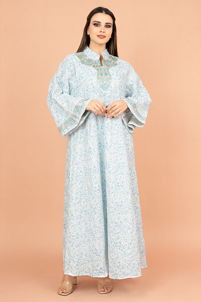 IKKXA Mandarin Collar Embroidered Jalabiya with Printed Pattern