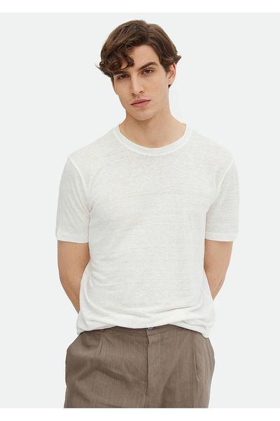 Ramsey 100% Linen Ecru T-Shirt - Plain Crew Neck