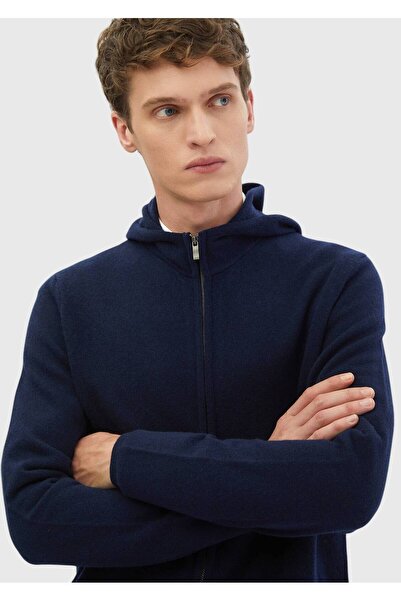 Ramsey Lacivert Kapüşonlu Düz Örgü %100 Yün Hırka