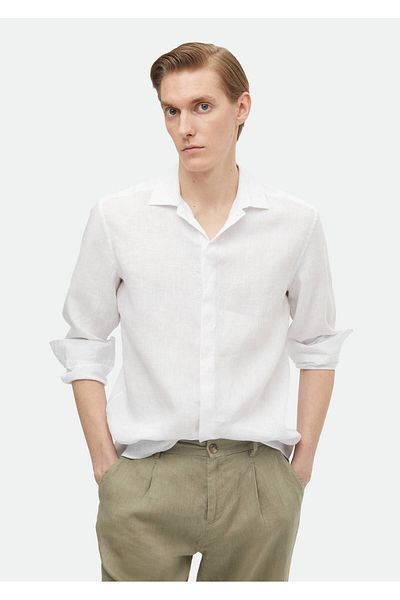 Ramsey Λευκό Casual 100% λινό μονόχρωμο πουκάμισο κανονικής εφαρμογής