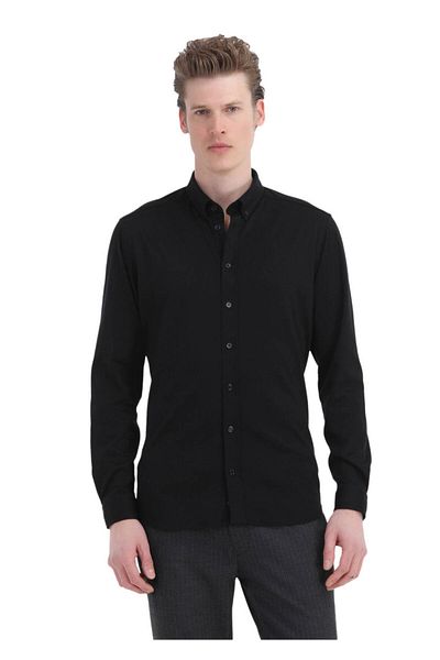 Ramsey Μαύρο Slim Fit Casual Βαμβακερό πουκάμισο