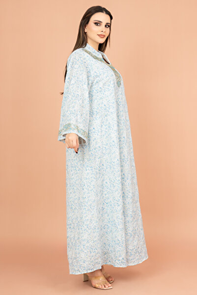 IKKXA Mandarin Collar Embroidered Jalabiya with Printed Pattern