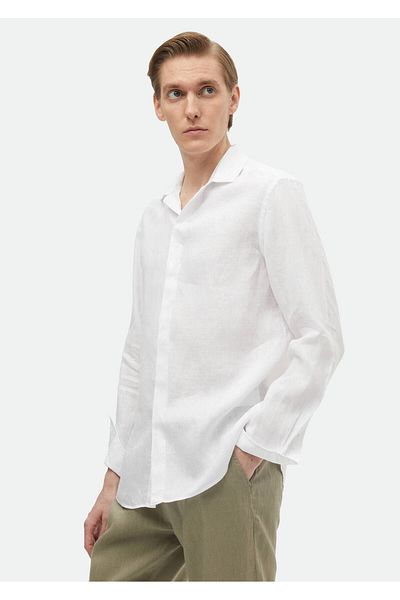 Ramsey Λευκό Casual 100% λινό μονόχρωμο πουκάμισο κανονικής εφαρμογής