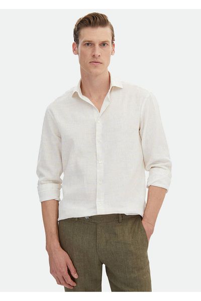 Ramsey Πλεκτό λινό πουκάμισο Ecru Regular Fit - Printed Casual