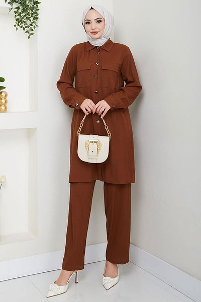 hafsamina Shirt Suit Double, Double Pocket and Brown Hm2685