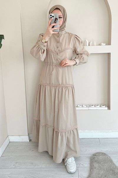 ButikMoor Mo334 Lace Judge Collar Beige Dress