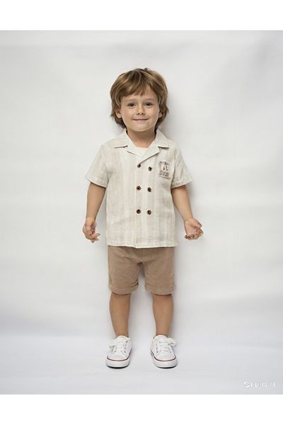 damdamin Baby Boys Double Breasted Lapel Double Button Shirt & Cotton/Linen Shorts Set