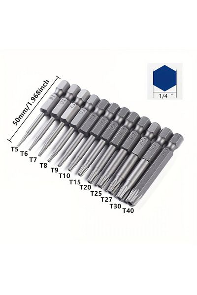 Choice 12PCS 12pcs 50mm 1/4 Hex Shank Hole Security Torx Bits Set - T5-T40 Included!