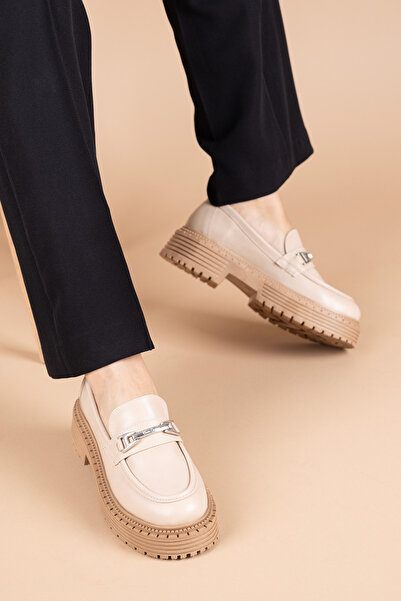 Getcho Peris Kadın Tokalı Bej Loafer Ayakkabı PC-52431