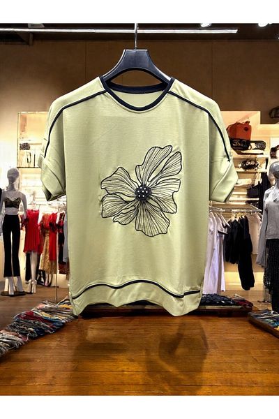 Oasis broderie brodată cu detalii de piatră țesătură modal cu mânecă liliac tricou oversize