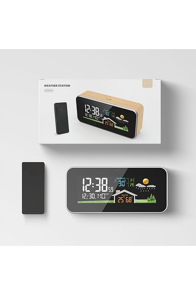 TELEHILL Weather Station Wireless Weather Station Wooden Alarm Clock Digital Thermometer Humidity Temperature
