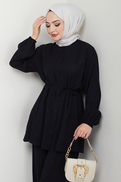 hafsamina Costum dublu cu cămașă cu guler judecător negru HM2688