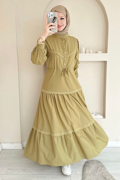 ButikMoor Mo334 Lace Judge Collar Oil Green Dress
