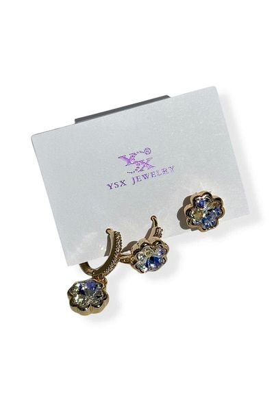 TAKIŞTIR Gold Color Flower Figured Stone Detailed 3-Piece Ysx Earring Set