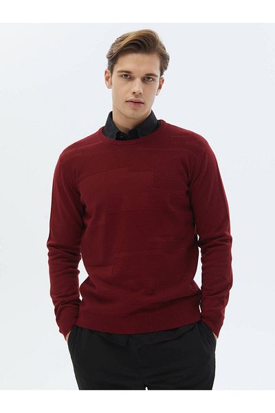 Kip Red Crew Neck Jacquard Wool Blended Knitwear Sweater