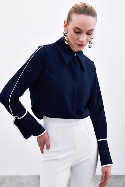 Sateen Cămașă clasică cu manșetă contrastantă - bleumarin