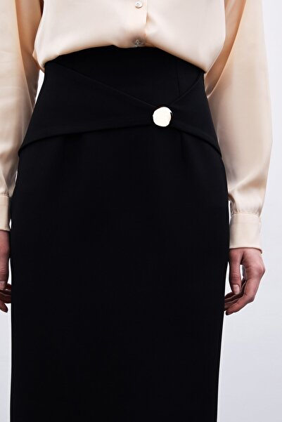 Sateen Toka Detaylı Kalem Etek - Siyah